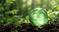 Green transparent sphere with eco-friendly icons floating above fertile soil with moss in blurred forest background for environmental sustainability concepts.
