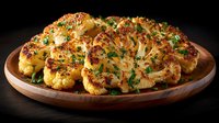 Golden roasted cauliflower steaks with herbs and spices on wooden plate, healthy vegetarian side dish for dinner recipes and plant-based cooking content.