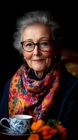 Elegant senior woman with gray hair and glasses wearing colorful scarf enjoying tea time, warm portrait of mature lady in cozy indoor setting.
