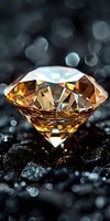 Brilliant amber diamond with faceted cut on dark background with bokeh lights and reflections, luxury jewelry concept for wealth and prosperity themes.