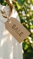Kraft paper sale tag hanging on beige clothing with green bokeh background, eco-friendly retail discount concept for fashion promotions.