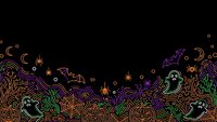 Halloween line art border with bats, pumpkins, spiders and decorative swirls on black background for seasonal designs and party invitations.