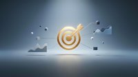 Golden target with arrow hitting bullseye surrounded by floating geometric shapes and charts representing business success and goal achievement.