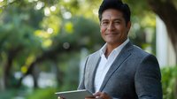Confident Hispanic business professional in grey suit holding digital tablet outdoors with natural bokeh background, expressing success and leadership.