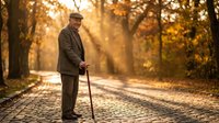 Senior elderly man with walking cane standing on autumn park path with golden sunlight filtering through trees, representing aging and mobility assistance.