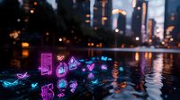 Glowing neon icons floating on water surface at night with urban cityscape background, reflecting vibrant purple and blue lights creating magical atmosphere.