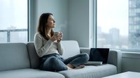 Young Asian woman relaxing on modern sofa with laptop and coffee cup, enjoying peaceful morning routine in bright apartment with city view.