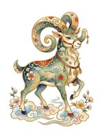 Ornate decorative goat with intricate floral patterns, gold accents, and traditional folk art design isolated on white background for clipart and design use.
