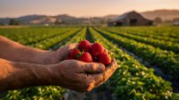 Fresh ripe strawberries cupped in farmer hands at sunset with agricultural field rows and mountains in background for organic farming and harvest concepts.
