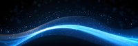 Glowing blue wave of light and energy flows through dark space with sparkling particles creating dynamic motion effect against black background.