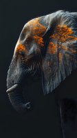 Double exposure artistic portrait combining elephant profile with autumn forest scene against dark background, orange foliage contrasting with gray elephant skin.