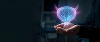 Businessman holding glowing brain hologram with neural networks representing artificial intelligence and innovation in dark office environment.