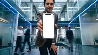 Young Middle Eastern businessman in modern office holding smartphone with blank white screen mockup toward camera.