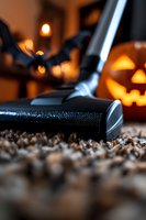 Vacuum cleaner cleaning autumn leaves with glowing jack o lantern pumpkin and flying bats decorations in background creating spooky Halloween atmosphere.
