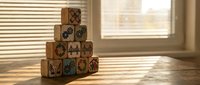 Wooden blocks stacked in pyramid formation with colorful icons and symbols, arranged on wooden surface near window with natural light for educational and developmental toy concepts.