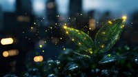 Magical glowing green leaves with sparkles and light particles against dark blurred background, creating mystical forest atmosphere at dusk. Nature fantasy concept.