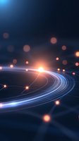 Glowing curved light trails with orange particles and blue streaks against dark background create futuristic technology concept for business and science designs.