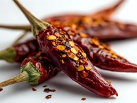 Dried red chili peppers with seeds scattered on white background for spicy cooking ingredients and culinary seasoning applications.