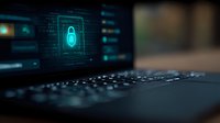 Digital padlock icon on computer screen with binary code background, representing cybersecurity and data protection in modern technology environment.