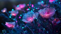Glowing pink translucent flowers with magical sparkles and bokeh lights against dark blue background create dreamy ethereal garden atmosphere at night.