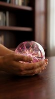 Hands holding glowing plasma ball with electric lightning effects on wooden desk in cozy library setting for energy and innovation concepts.