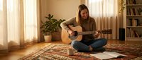 Young woman playing acoustic guitar sitting cross-legged on colorful rug in cozy living room with warm natural light streaming through curtains.