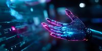 Digital wireframe hand glowing with pink and blue neon lights against dark background, representing artificial intelligence and future technology advancement.