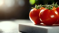 Fresh ripe red tomatoes on cutting board in bright kitchen with natural sunlight streaming through window creating warm cooking atmosphere.