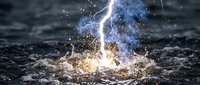 Lightning bolt striking water surface creating dramatic splash with electric blue energy and golden sparks against dark stormy background.