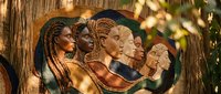 African women profiles carved in wood showing diverse hairstyles and traditional craftsmanship in warm golden lighting for cultural decor and artistic displays.