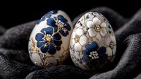 Decorative Easter eggs with blue and white floral pattern on dark background. Traditional hand-painted ornamental design features delicate gold accents and folk art motifs.