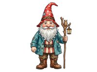 Cheerful garden gnome wearing red pointed hat, teal jacket and striped shirt, holding wooden staff with lantern, isolated on white background for design projects and clipart use.