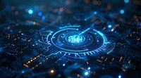 Futuristic digital technology concept with glowing blue circuit patterns and illuminated core on dark background for cybersecurity and AI applications.