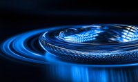 Glowing blue spiral light trails create dynamic circular patterns against dark background, abstract technology concept for digital transformation and innovation.