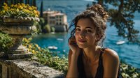 Young woman with curly hair relaxing by turquoise lake with historic architecture in background, vacation lifestyle concept for travel and leisure content.