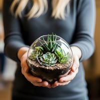 Woman holding glass terrarium with succulent plants and decorative stones for home gardening and indoor plant decoration projects.