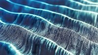 Abstract digital wave pattern with glowing blue light effects and detailed particle structure creates dynamic flowing motion against dark background.