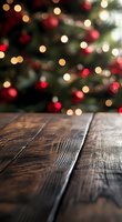 Rustic wooden table against blurred Christmas tree background with red ornaments and warm bokeh lights, creating festive holiday atmosphere for product display.