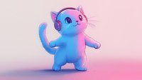 Adorable cartoon cat character with gradient blue and pink colors standing playfully on pastel background for children's content and design projects.