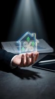 Businessman hand holding glowing house icon with percentage symbol and upward arrows representing mortgage rates and real estate investment growth.