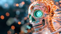 Decorative sugar skull with glowing turquoise eyes and intricate floral patterns illuminated by warm bokeh lights creating magical atmosphere for Day of Dead celebration.
