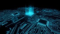 Futuristic circuit board with glowing blue holographic data cube emerging from electronic pathways on dark background for tech presentations.
