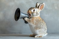Funny rabbit holding megaphone making announcement on gray background, humorous animal communication concept for marketing and advertising campaigns.
