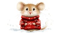 Adorable mouse in red winter sweater with snowflake pattern, sitting in snow. Cute holiday character for greeting cards and festive designs.