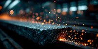 Bright orange sparks flying from metal surface in industrial workshop with dark blue tones and bokeh background.
