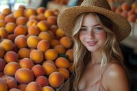 Young Caucasian woman with blonde wavy hair wearing straw hat and summer dress smiling at farmers market with fresh oranges and citrus fruits in background.