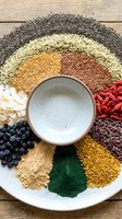 Overhead view of nutritious superfoods arranged in a circle around an empty ceramic bowl on wooden surface, featuring seeds, grains, berries, powders and dried ingredients for healthy cooking.