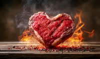 Heart-shaped beef steak grilled with flames and smoke on wooden surface, seasoned with colorful peppercorns. Romantic dinner and cooking concept.