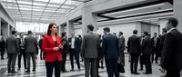 Professional businesswoman in red suit standing confidently in modern corporate lobby with diverse business people networking in background.