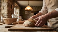 Baker hands cutting fresh artisan bread on wooden board in rustic kitchen with stone walls and warm lighting for culinary and food preparation concepts.